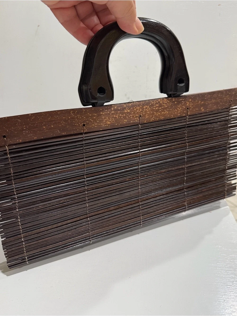 Dark Brown Thin Connected Rolling Bamboo Wood Handle Bag Purse Vintage Unique